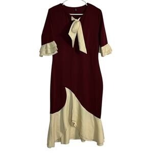 YACUN Dress Women Medium Maroon Cream Bodycon Cocktail Bow Tie Party Knee Length